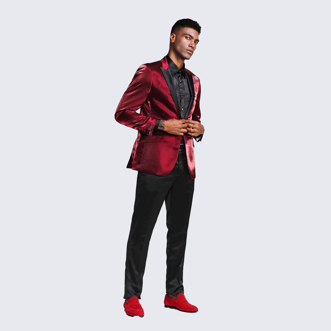 Burgundy Shiny Slim Fit Tuxedo Jacket with Peak Lapel β Wedding & Prom