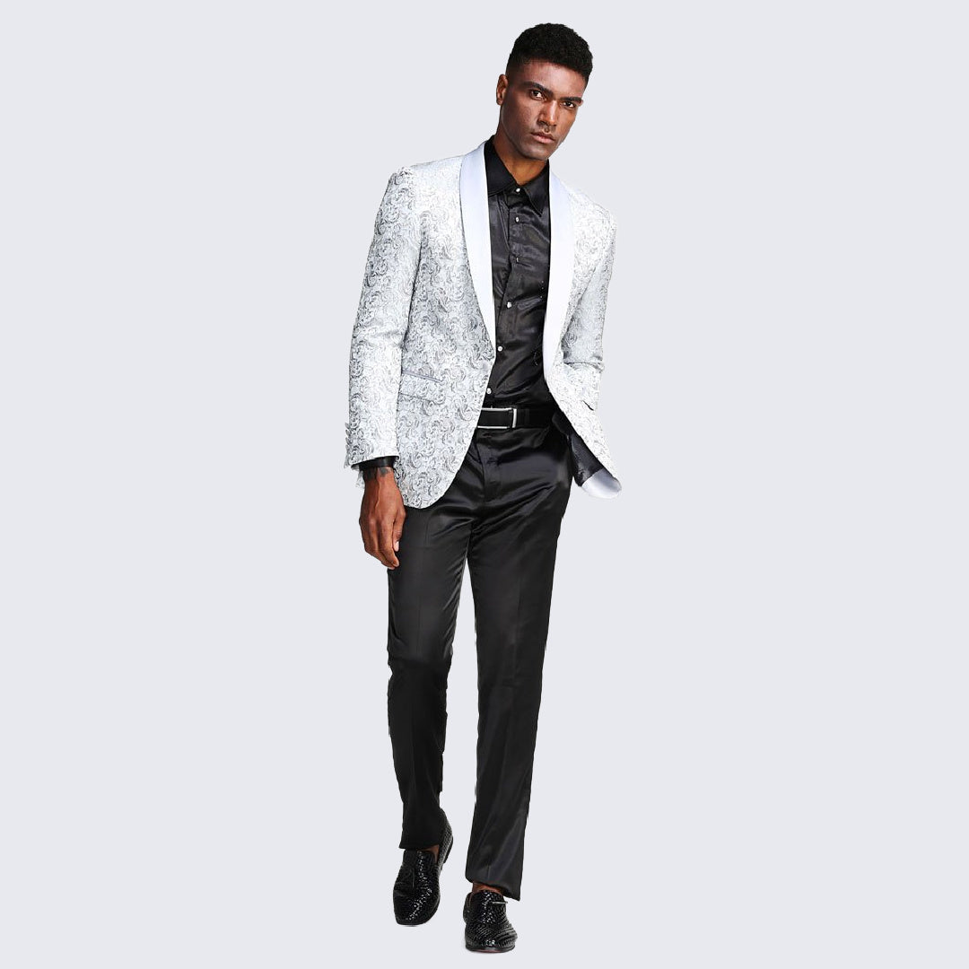 Silver Paisley Tuxedo Jacket with Shawl Lapel β Slim Fit