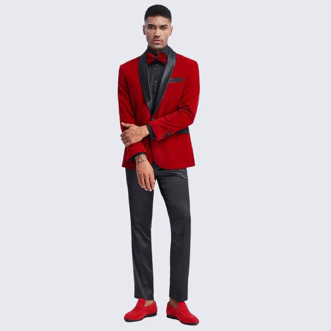 Red Velvet Tuxedo Jacket with Shawl Lapel – Slim Fit