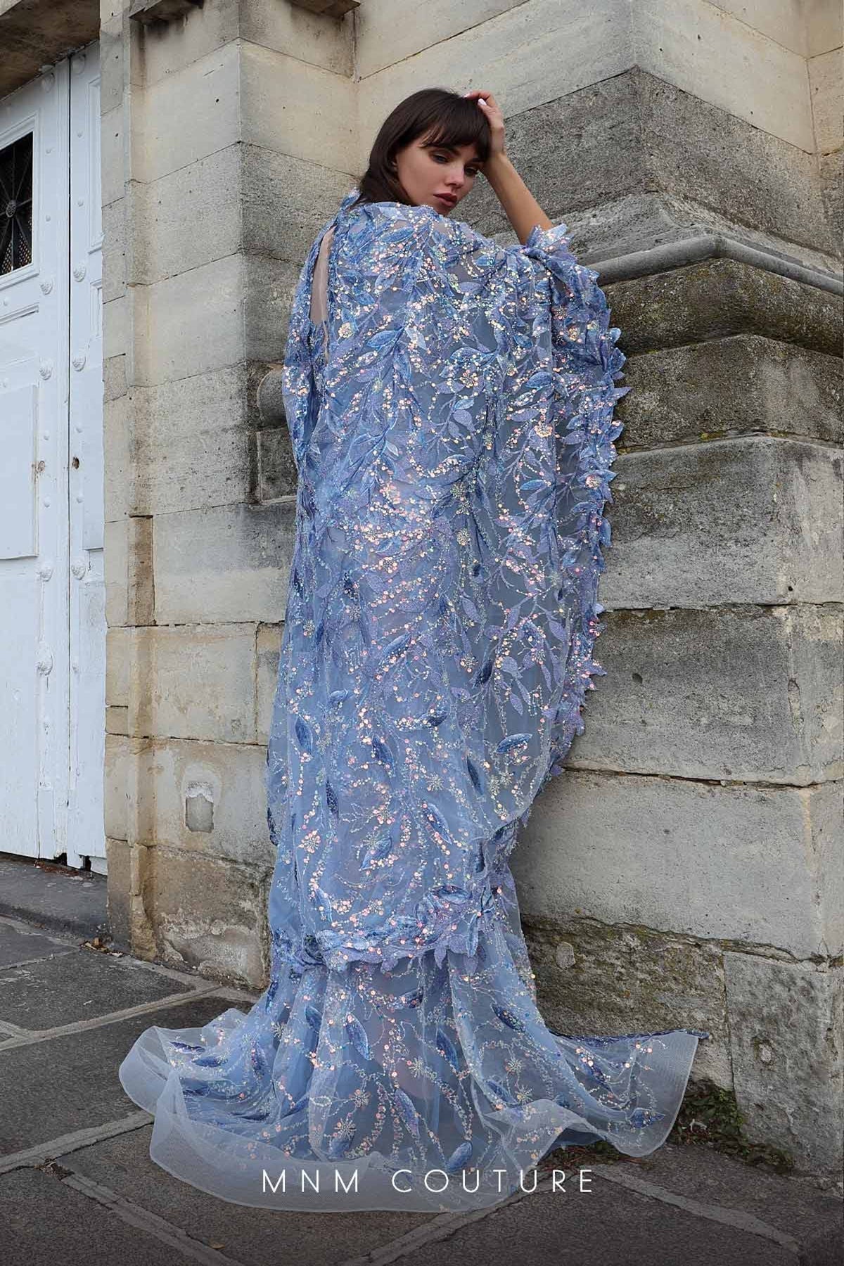 MNM Couture K4012 Blue Sheer Embellished Gown with Cape Sleeves