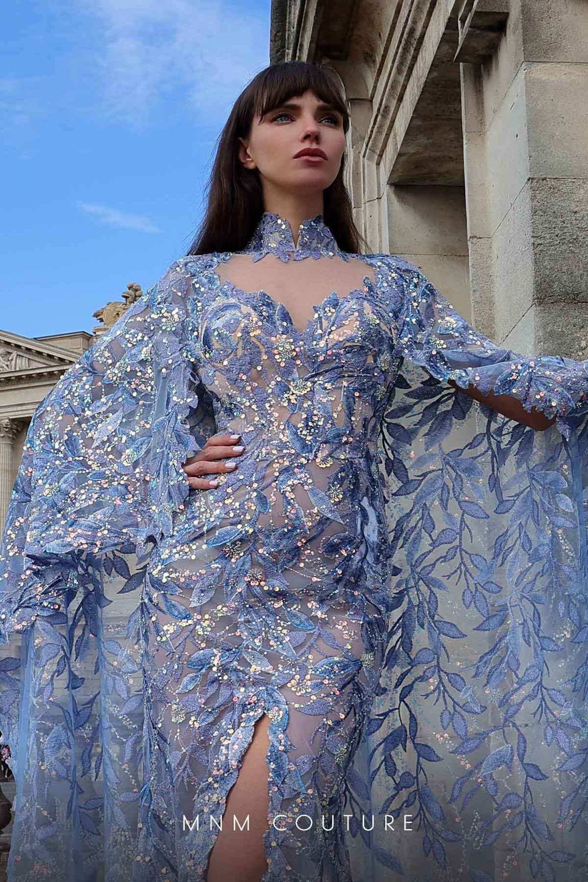 MNM Couture K4012 Blue Sheer Embellished Gown with Cape Sleeves