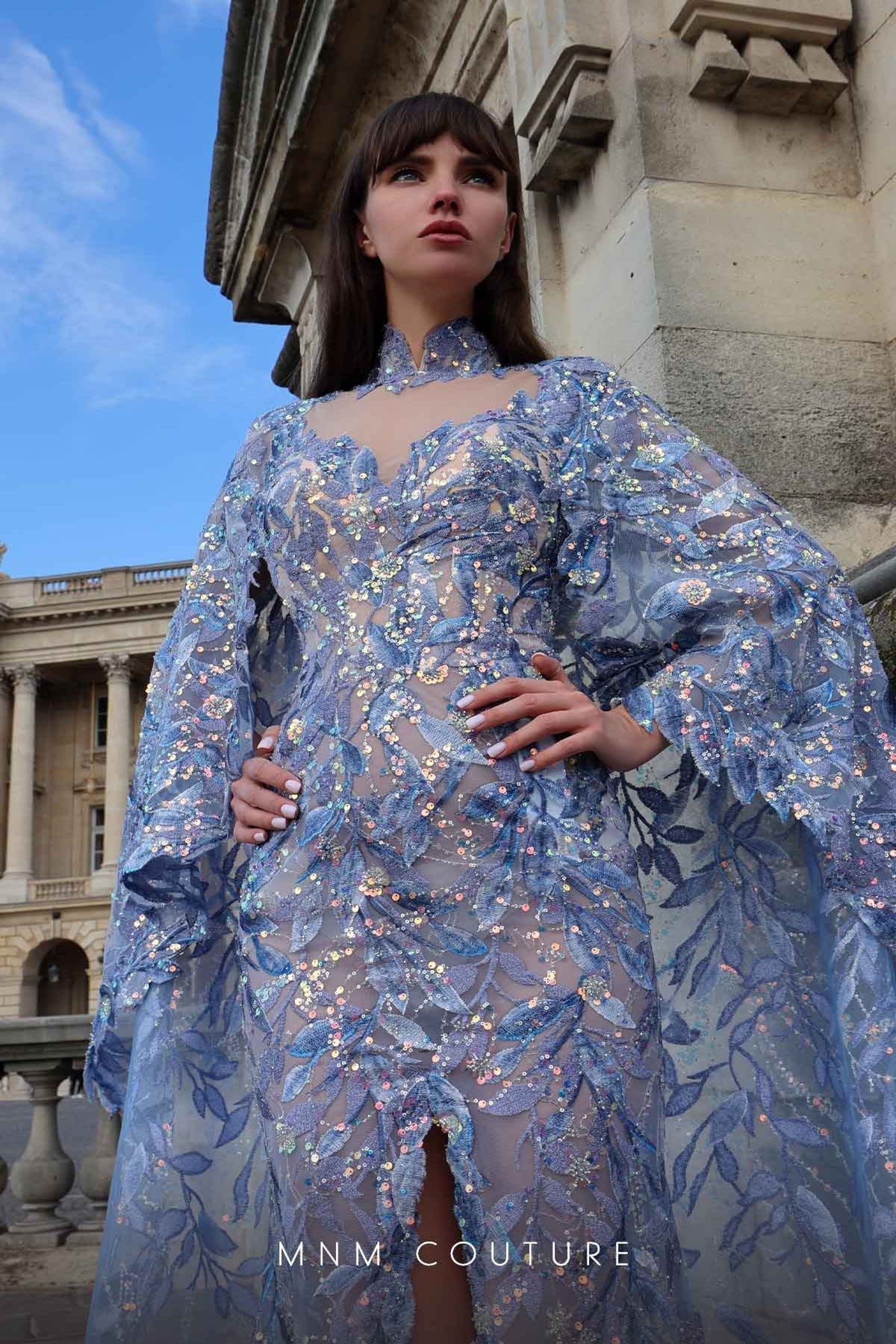 MNM Couture K4012 Blue Sheer Embellished Gown with Cape Sleeves
