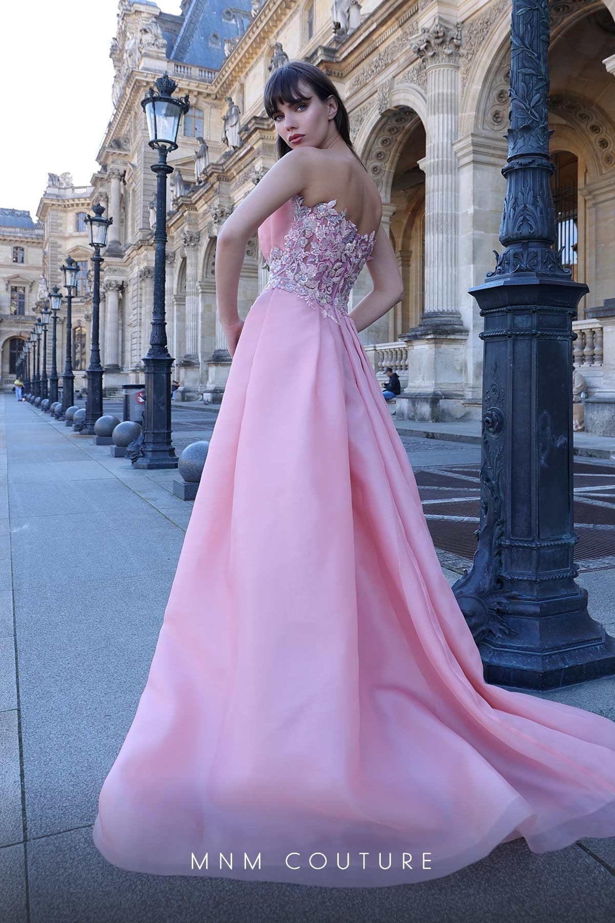 MNM Couture K4023 Strapless Pink Gown with Embellished Overskirt