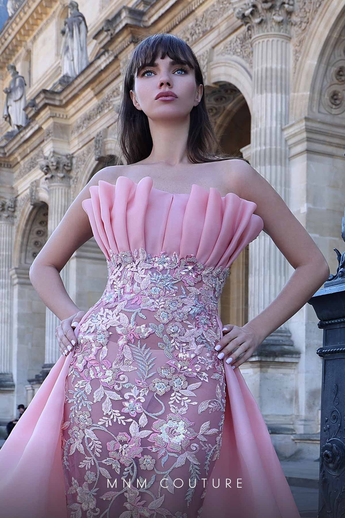 MNM Couture K4023 Strapless Pink Gown with Embellished Overskirt