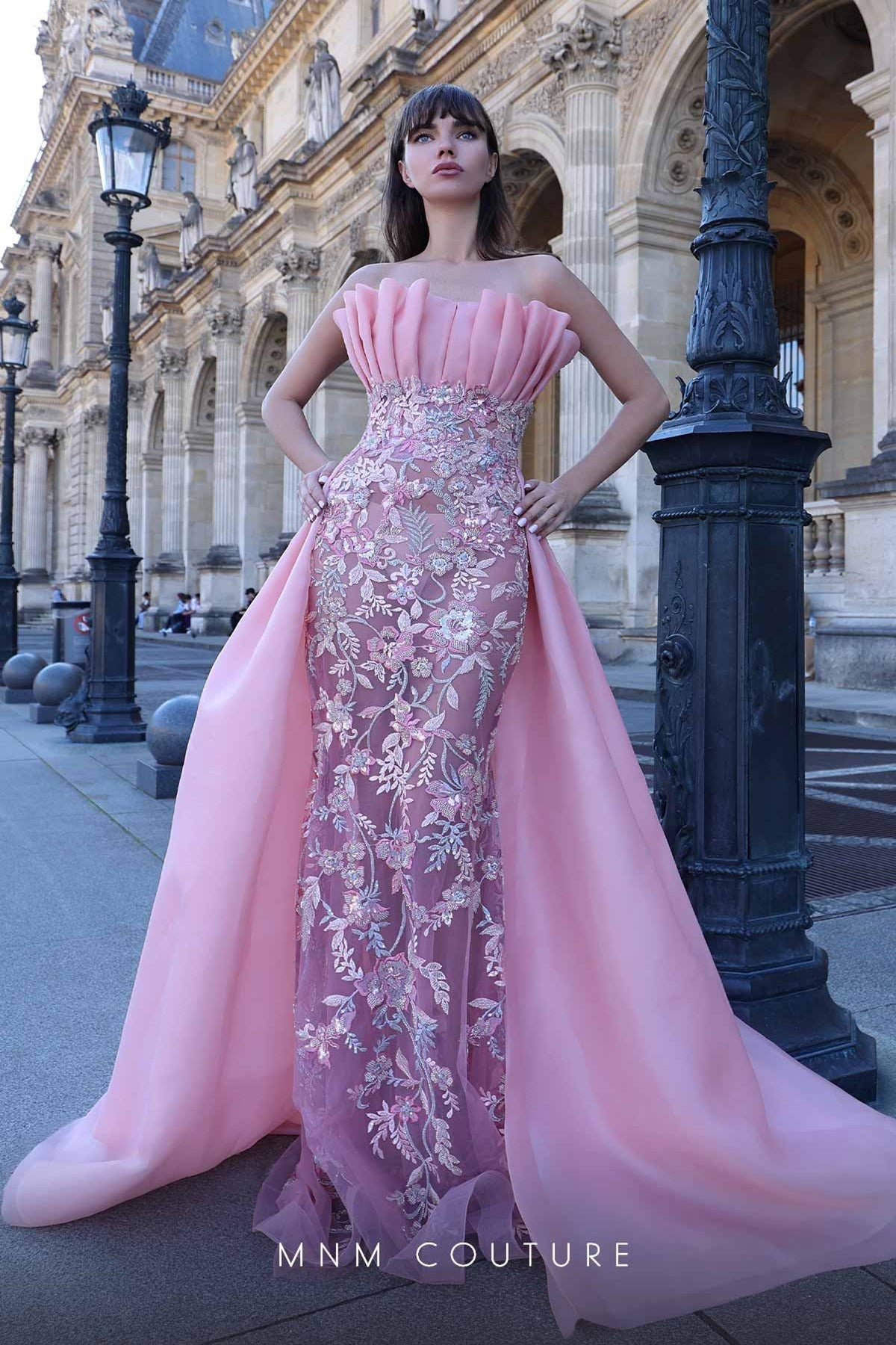 MNM Couture K4023 Strapless Pink Gown with Embellished Overskirt