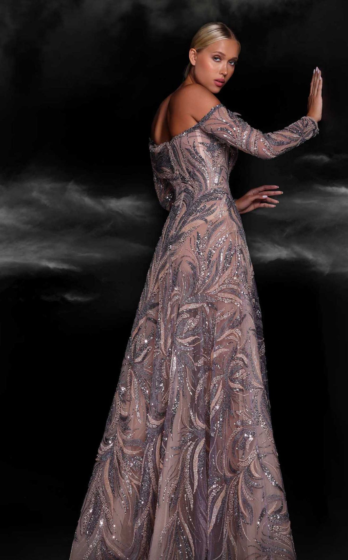 MNM Couture K4105 Off-Shoulder Blue Embellished Gown