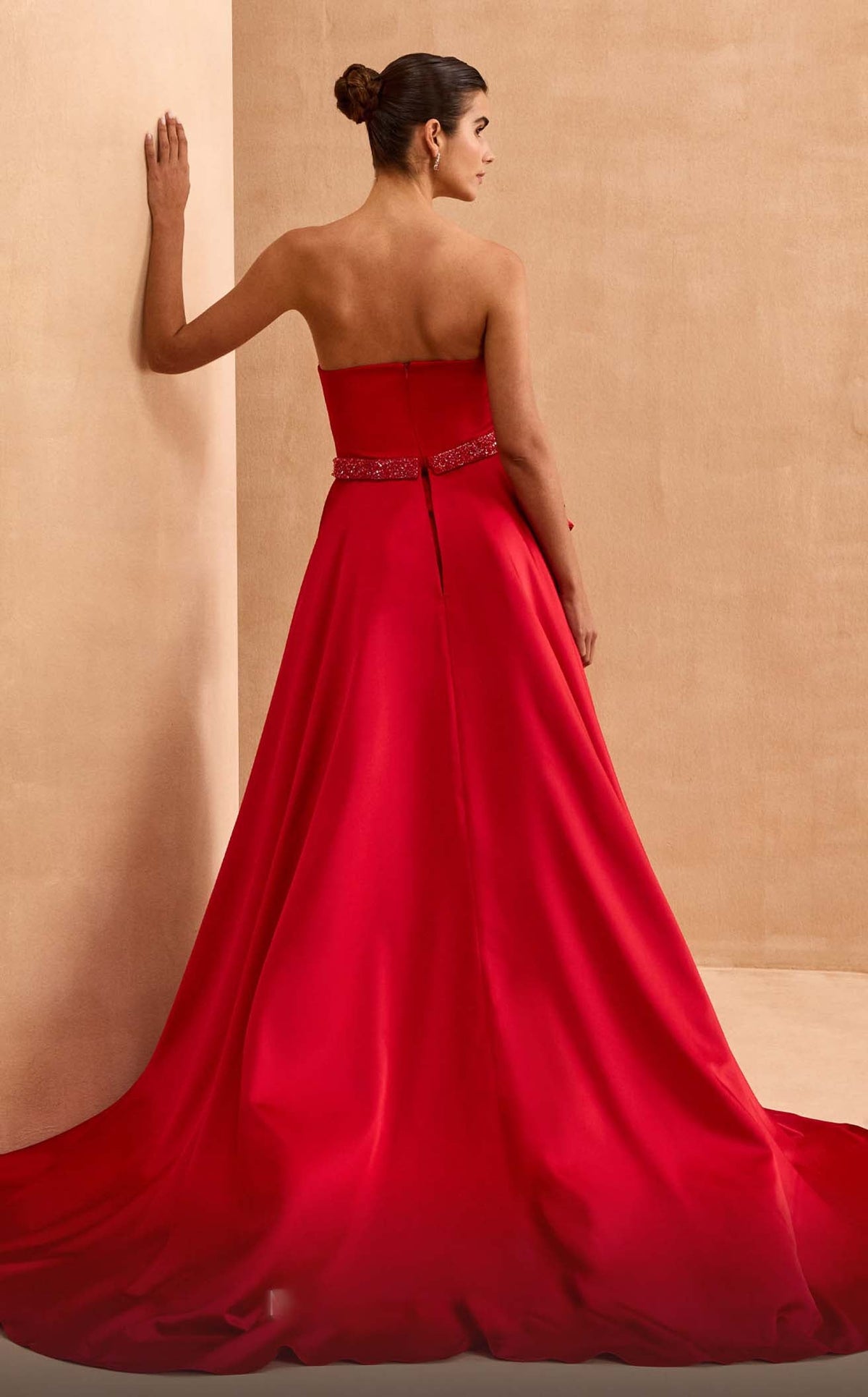 MNM Couture V07353 Strapless Green Draped Gown with Slit