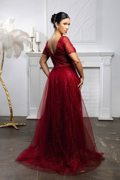 Beaded Short Sleeve A-Line Evening Gown with V-Back Mother of the Bride Dress by May Queen MQ2185