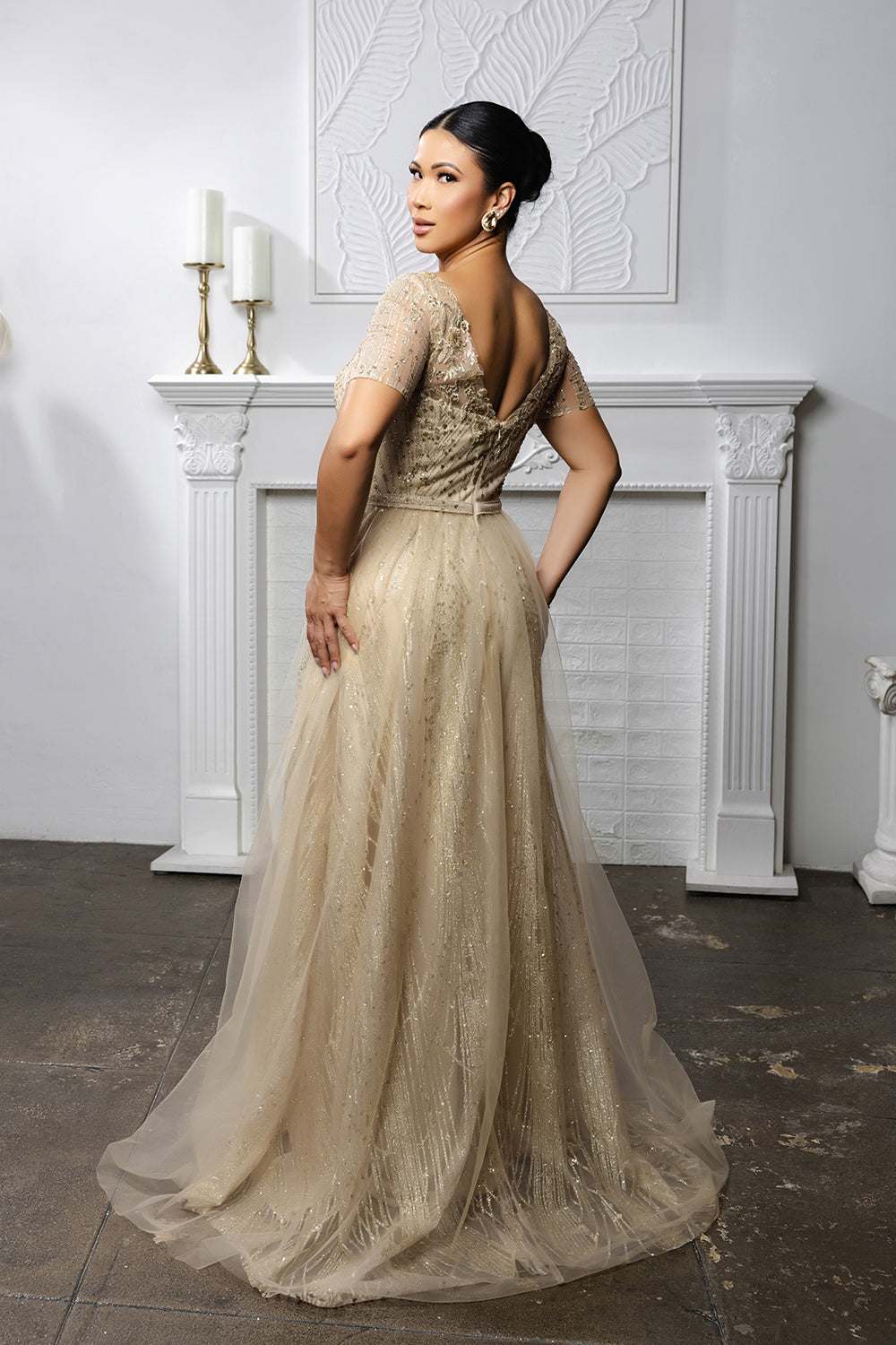 Beaded Short Sleeve A-Line Evening Gown with V-Back Mother of the Bride Dress by May Queen MQ2185