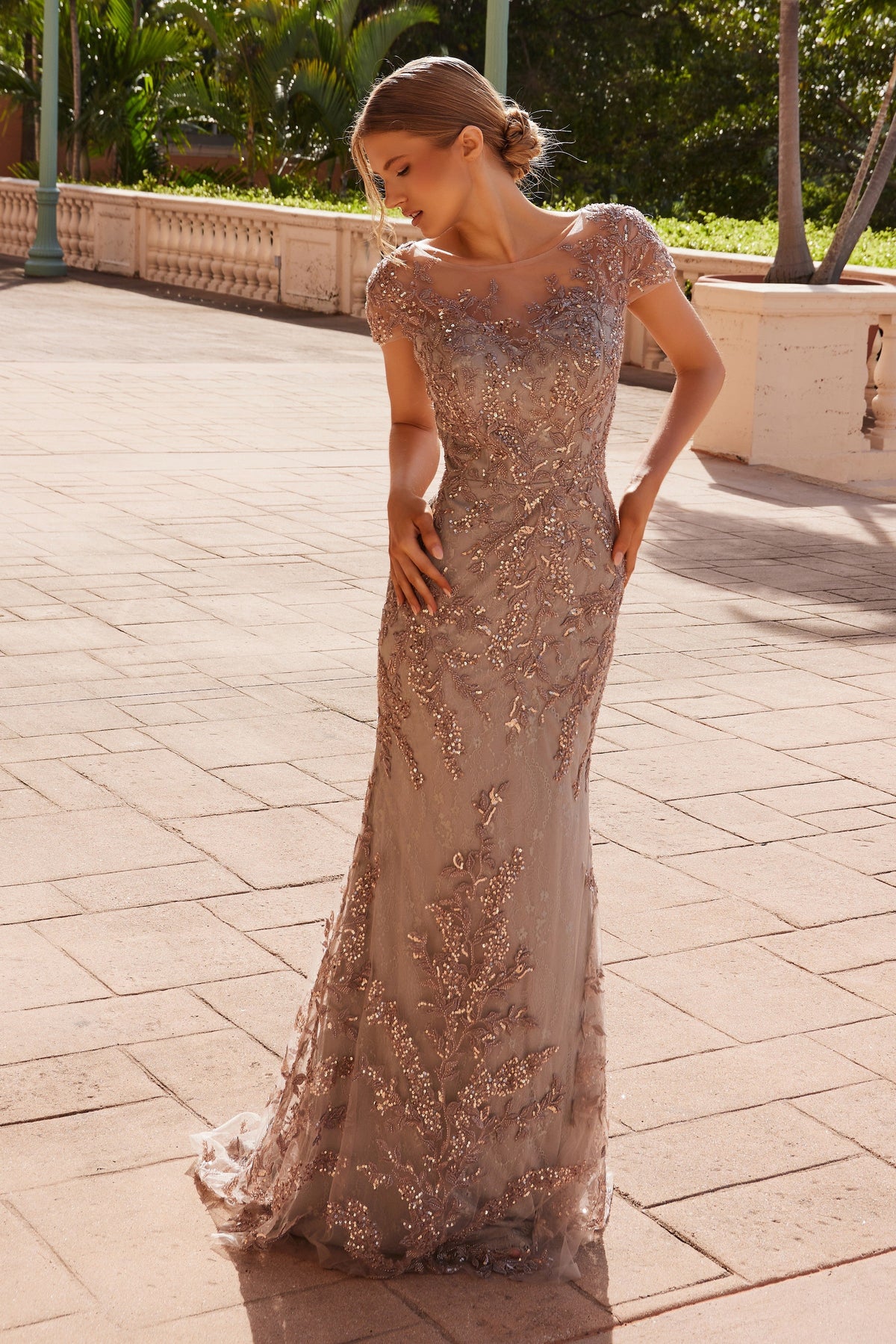 Nox Anabel MT110 Stunning Appliqué Short Sleeve Gown