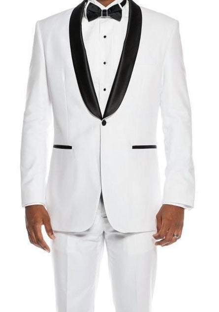 White Slim Fit 2 Piece Tuxedo with Satin Shawl Lapel
