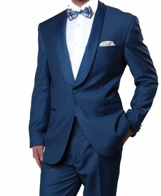 Blue Slim Fit Tuxedo Satin Shawl Lapel SA