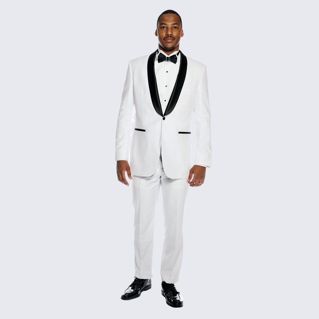 White Slim Fit Tuxedo with Black Shawl Lapel – Wedding & Prom