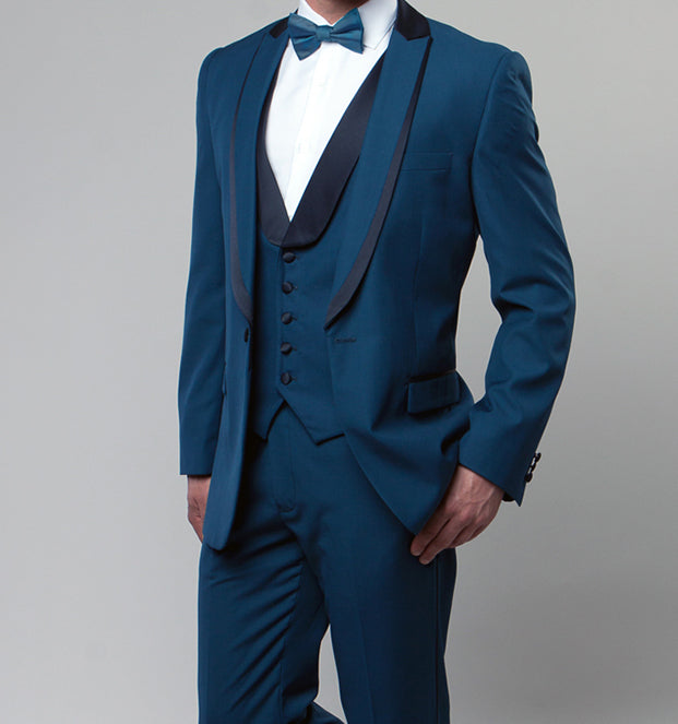 Blue Slim Fit Satin Shawl Tuxedo Set