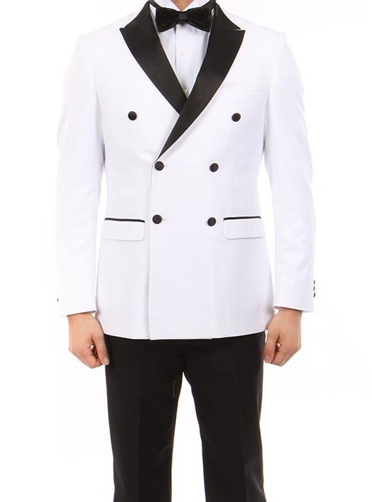 Double Breasted Slim Fit Tuxedo White Black Satin Lapel