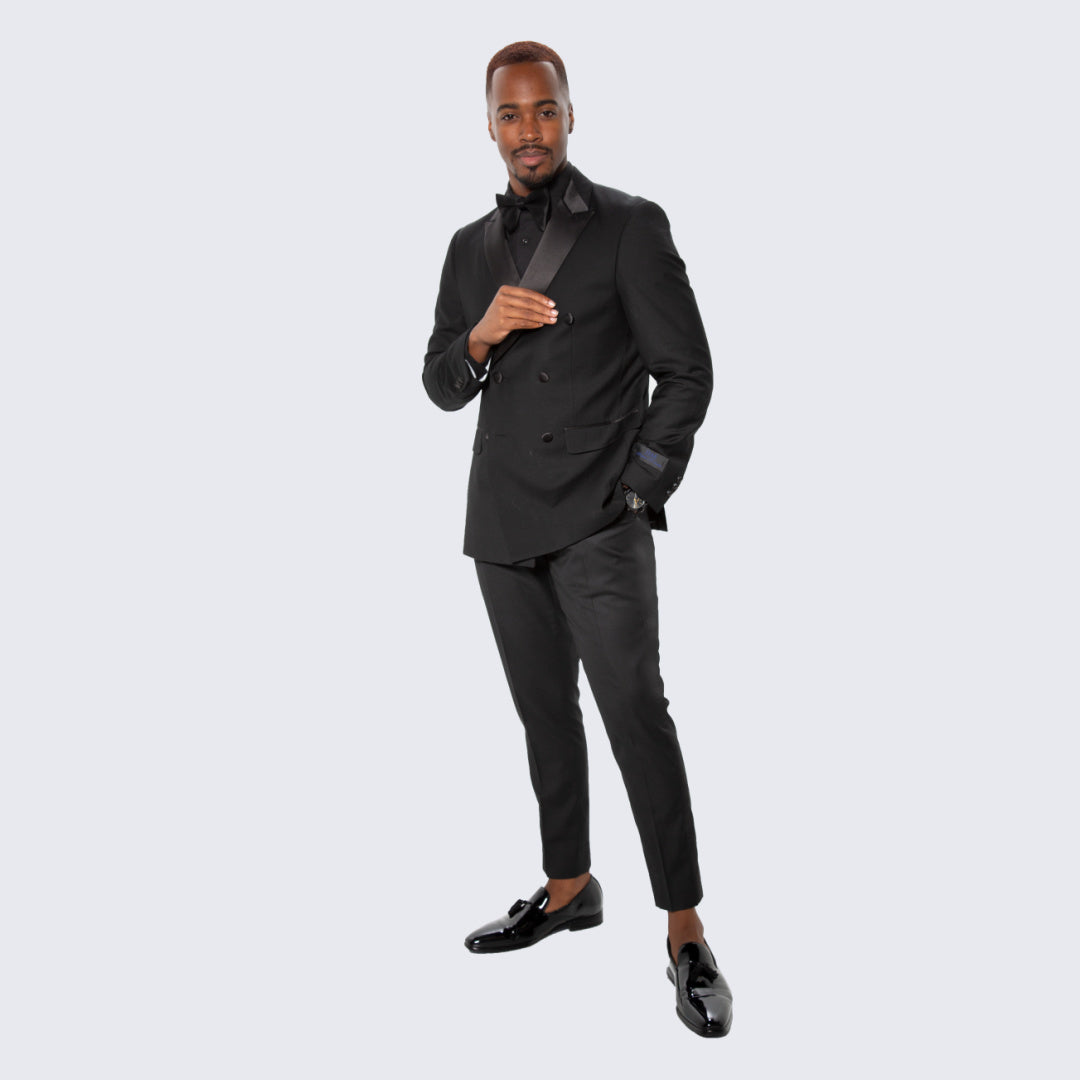 Black Double Breasted Slim Fit Tuxedo Peak Lapel - Wedding - Prom