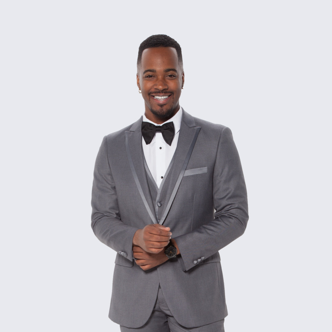 Mid Grey Textured Tuxedo Three Piece Set with Satin Trim - Wedding - Prom