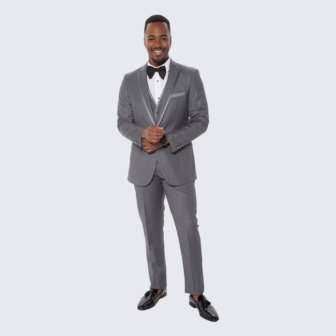 Mid Grey Textured Tuxedo Three Piece Set with Satin Trim - Wedding - Prom