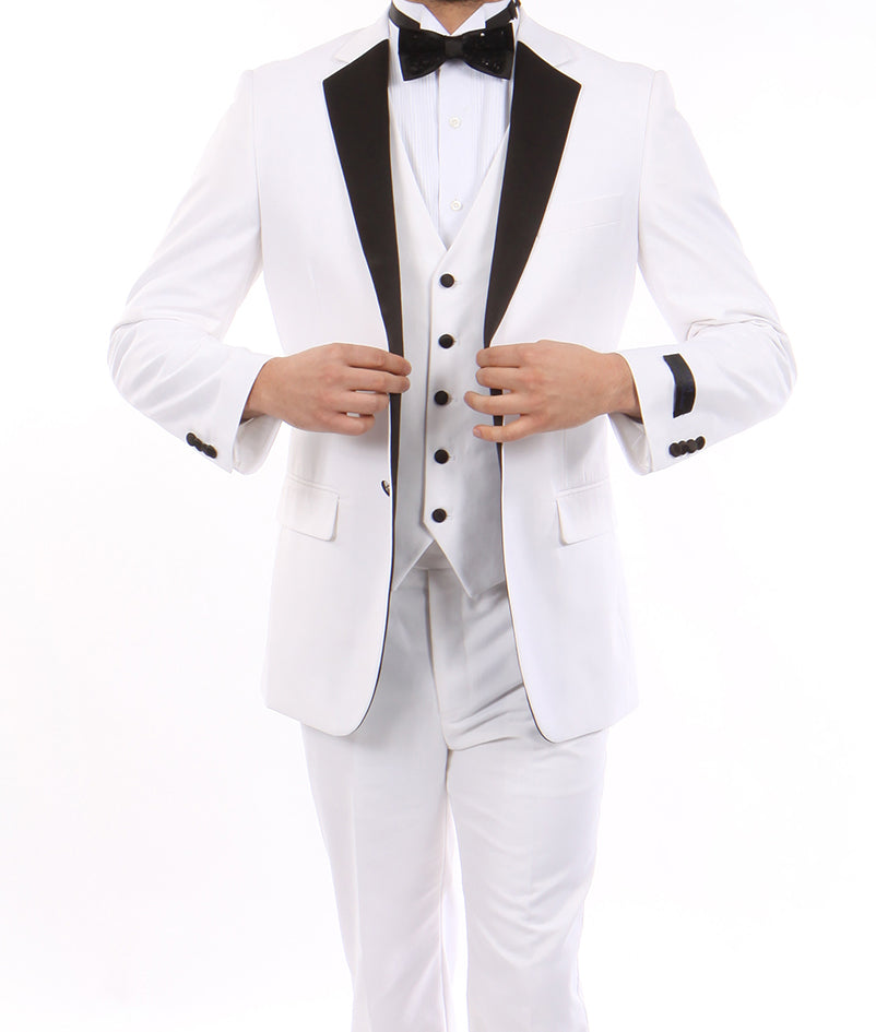 White Modern 3 Piece Tuxedo with Black Lapel