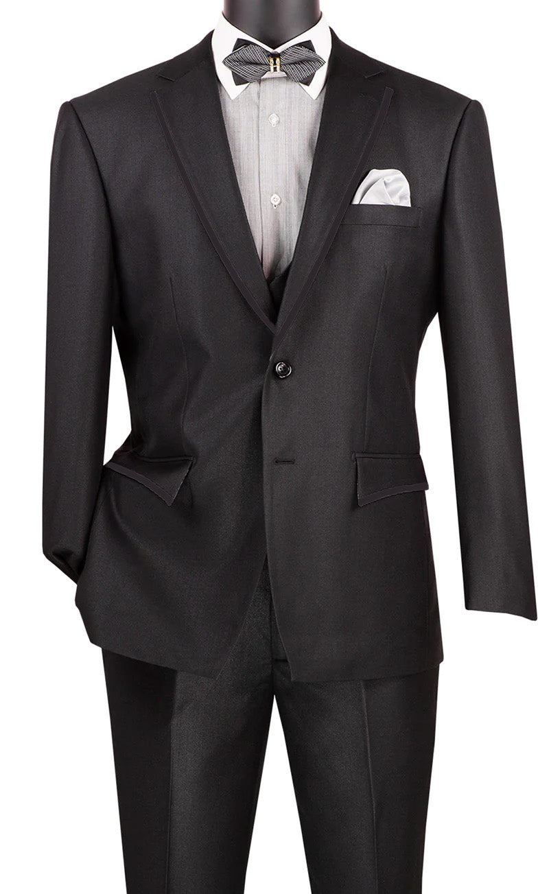 Birdseye Pattern Modern Fit Black Suit with Trim