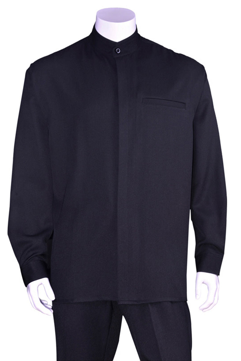 Mens Long Sleeve Mandarin Collar Casual Leisure Set in Black