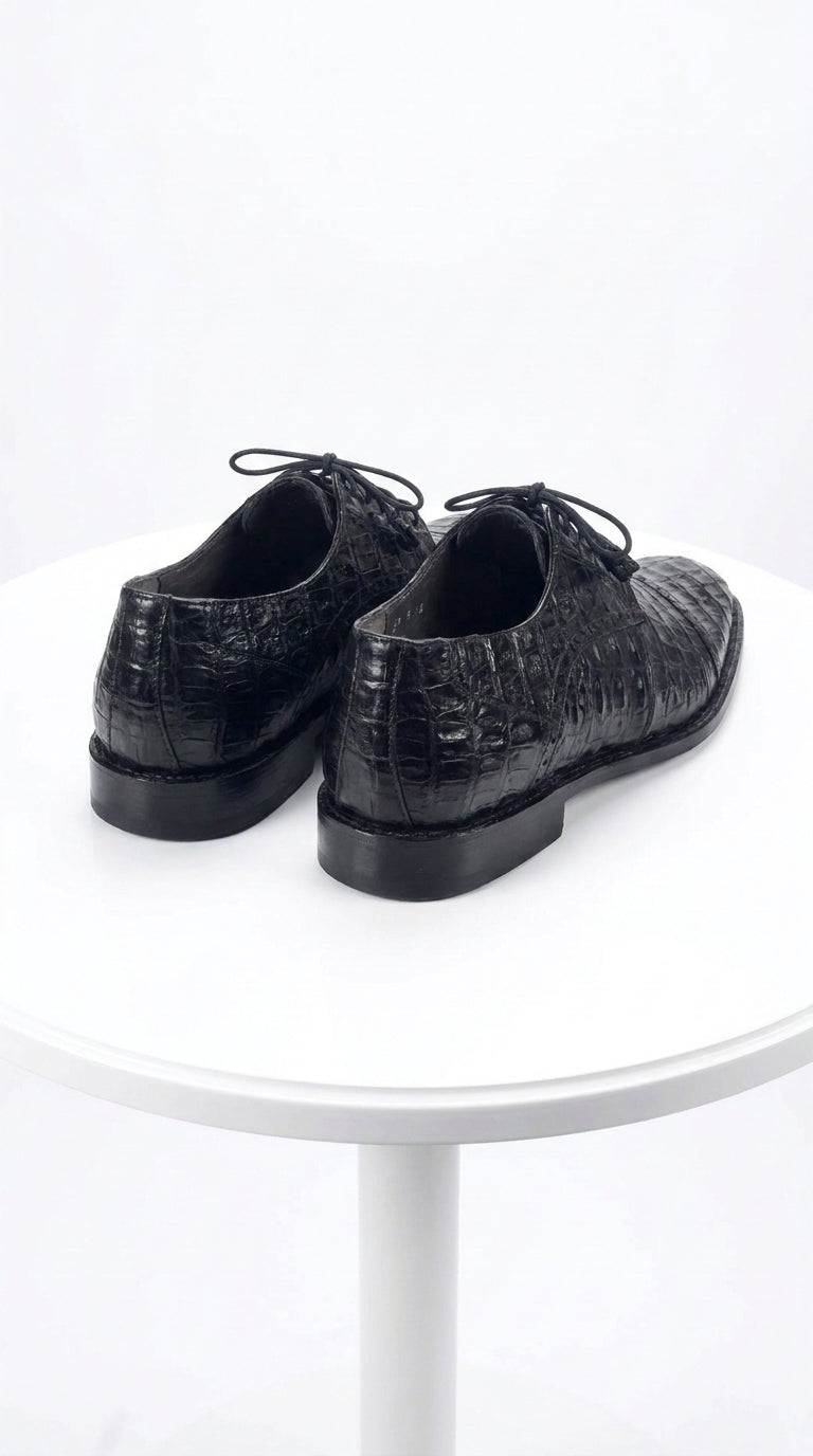 Los Altos Men’s Black Caiman Crocodile Oxford Shoes, Exotic Lace-Up Formal Dress Shoes