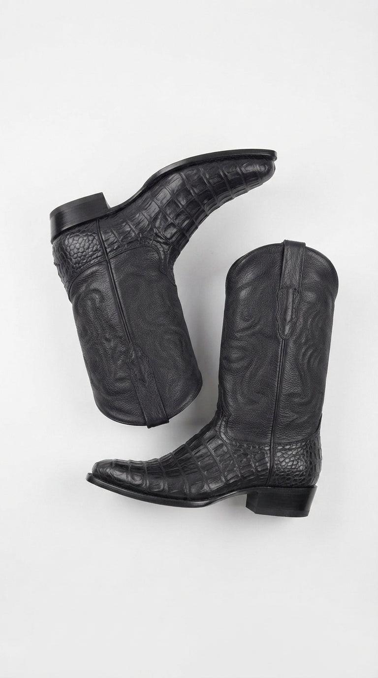 Men’s Black Alligator Print Snip Toe Boots, Exotic Western Cowboy Dress Boots