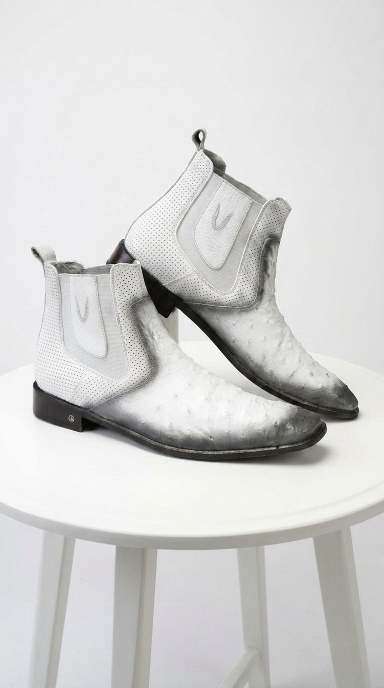 Men’s Faded White Ostrich Chelsea Boots, Exotic Dress Ankle Boots for Formal and Western Style