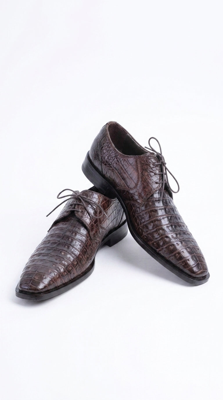 Men’s Brown Crocodile Italian Gator Shoes, Exotic Lace-Up Formal Dress Shoes