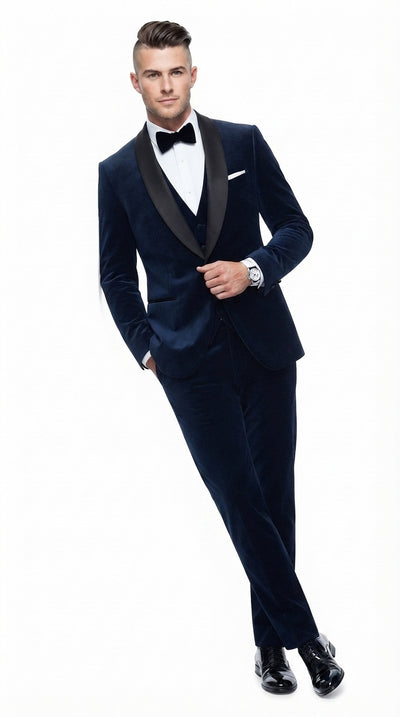 Men’s 007 James Bond Navy Wool Tuxedo – Black Satin Shawl Lapel Wedding and Formal Suit
