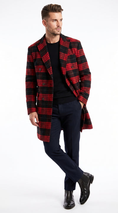 Men’s Red and Black Plaid Double-Breasted Overcoat – Wool-Blend Peacoat and Winter Topcoat