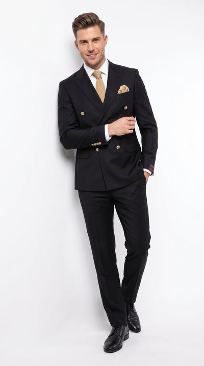 Men’s Black Slim-Fit Double-Breasted Wool Suit – Flat-Front Pants Wedding, Business and Formal Suit