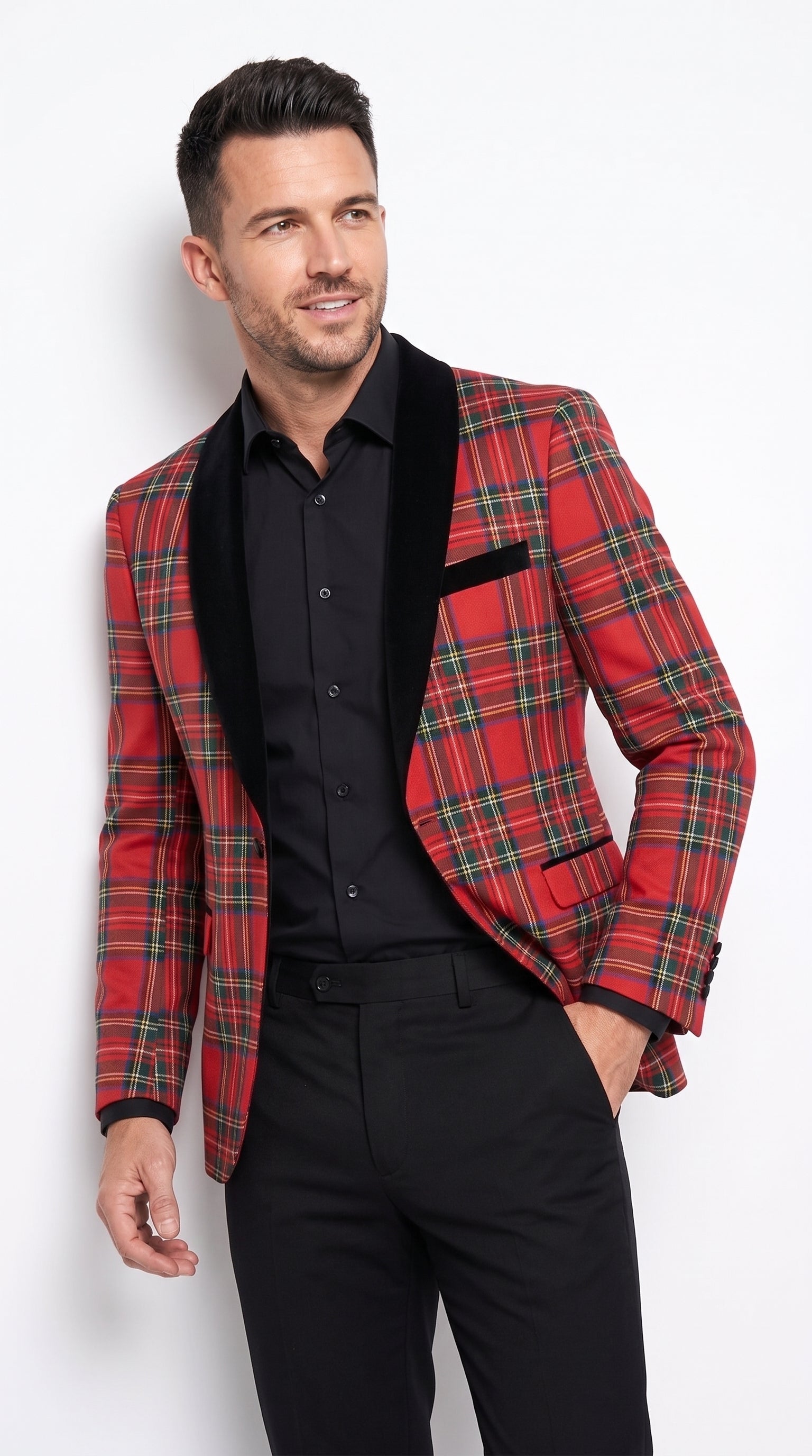 Men’s Red Tartan Plaid Shawl Lapel Holiday Blazer, PLAID-235 Formal Dinner Jacket