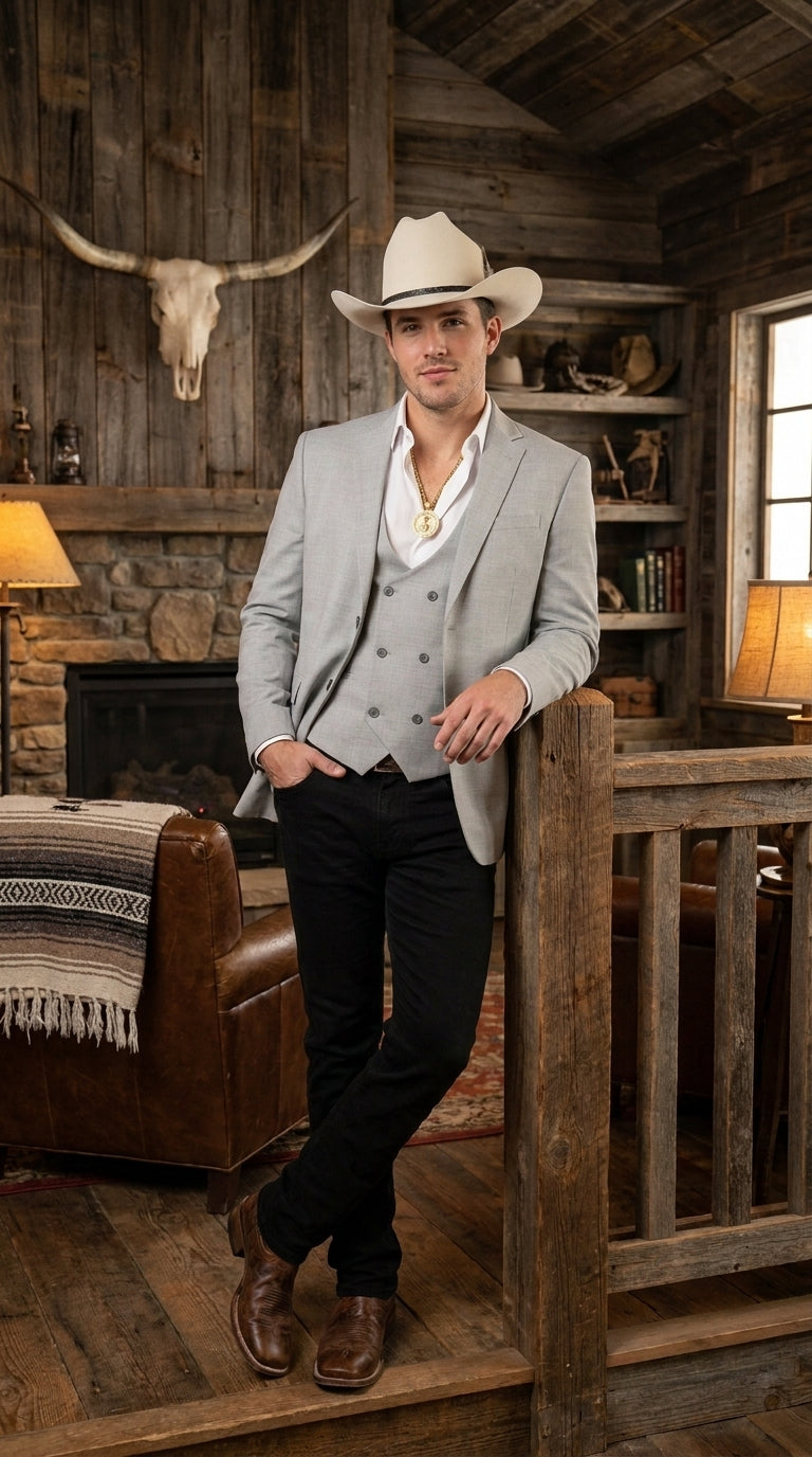 Men’s Light Gray Western Suit Blazer with Double-Breasted Vest, Modern Cowboy Formal Outfit