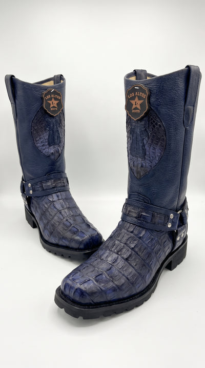 Men’s Los Altos Navy Blue Caiman Tail Skin Biker Boots – Exotic Leather Western Motorcycle Boots