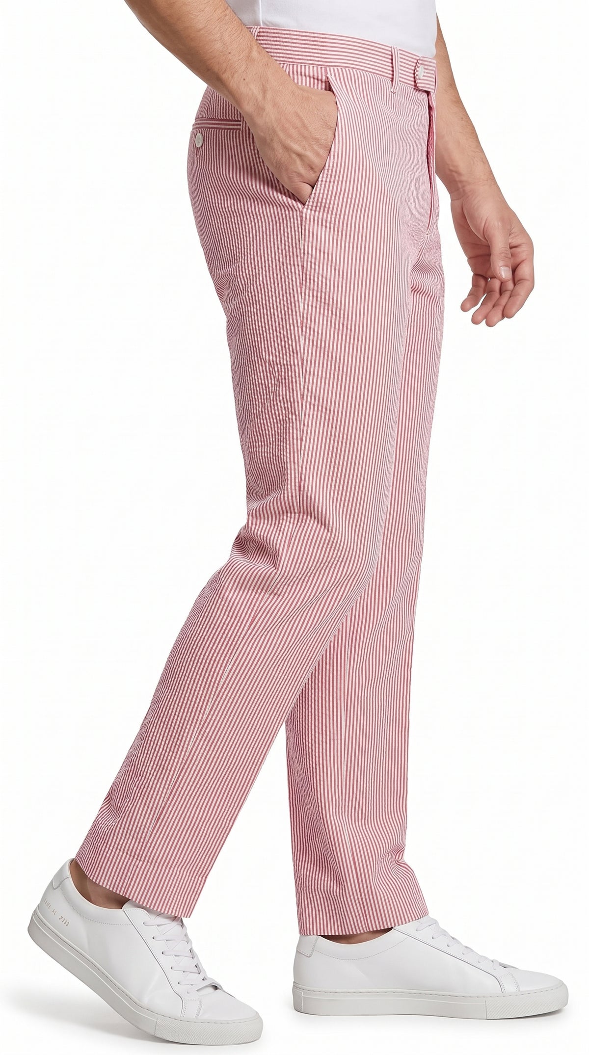 Men’s Red Seersucker Stretch Pants, Lightweight Summer Dress Slacks