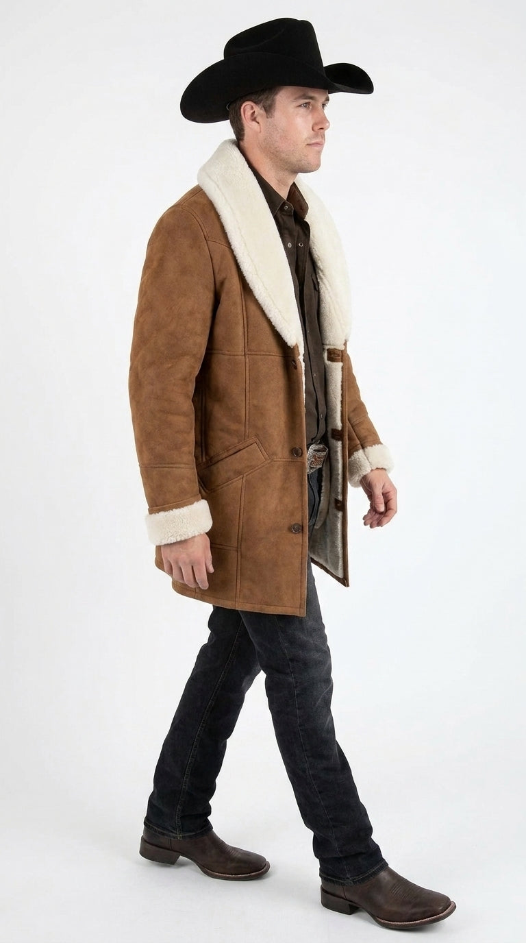 Men’s Long Brown Sheepskin Western Jacket, Cowboy Sherpa Style Ranch Coat
