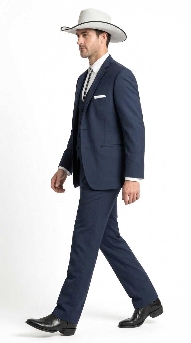 Men’s Navy Cowboy Tuxedo with Satin Lapel, Western Formal Wedding Suit with Vest
