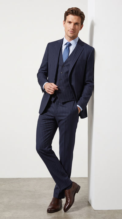 Men’s James Bond Navy Pinstripe Costume Suit, 3 Piece Movie Inspired Formal Suit