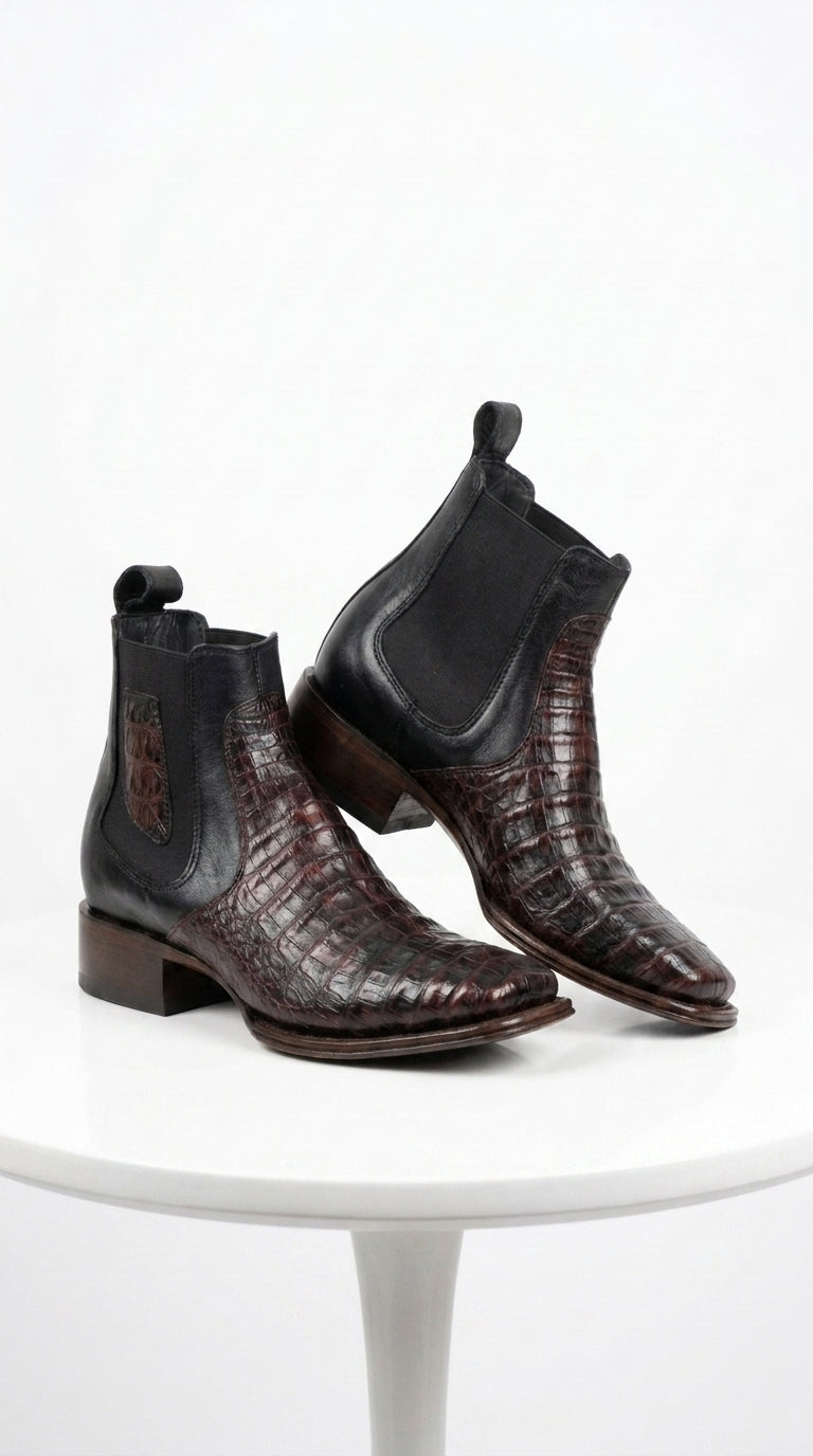 Men’s Black Cherry Short Caiman Boots, Square Toe Exotic Dress Ankle Boots