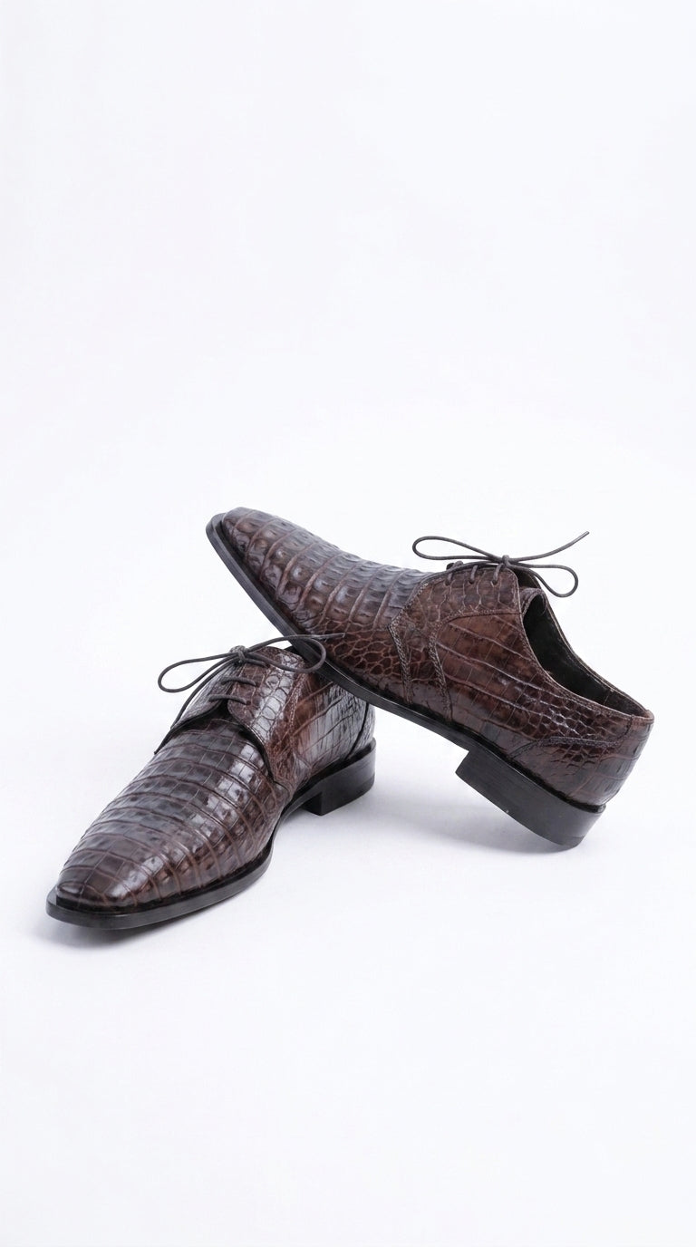 Men’s Brown Crocodile Italian Gator Shoes, Exotic Lace-Up Formal Dress Shoes