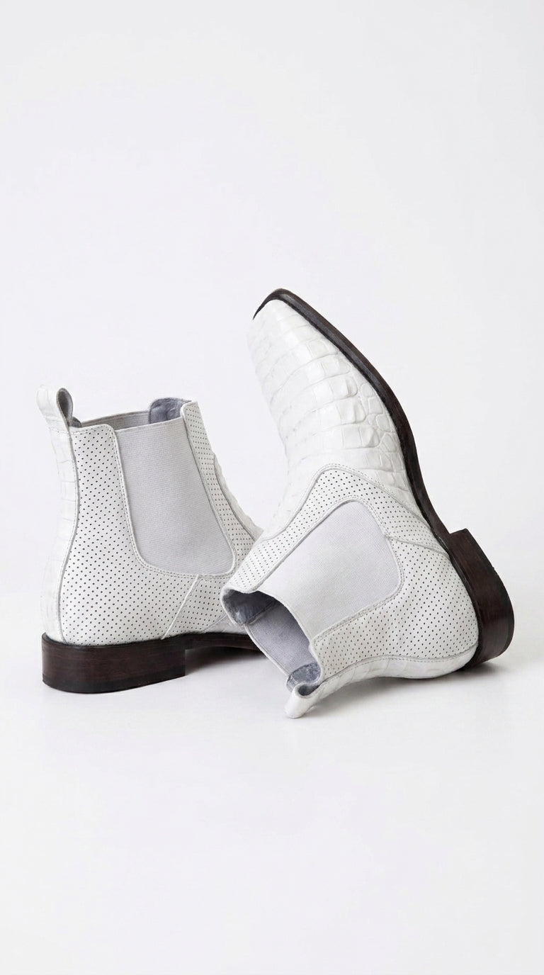Men’s White Caiman Chelsea Boots, Handmade Exotic Dress Ankle Boots for Formal and Western Style