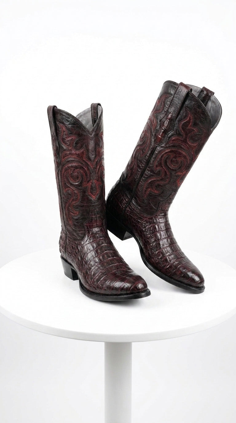 Los Altos Men’s Black Cherry Caiman Belly Boots, Round Toe Exotic Western Cowboy Dress Boots
