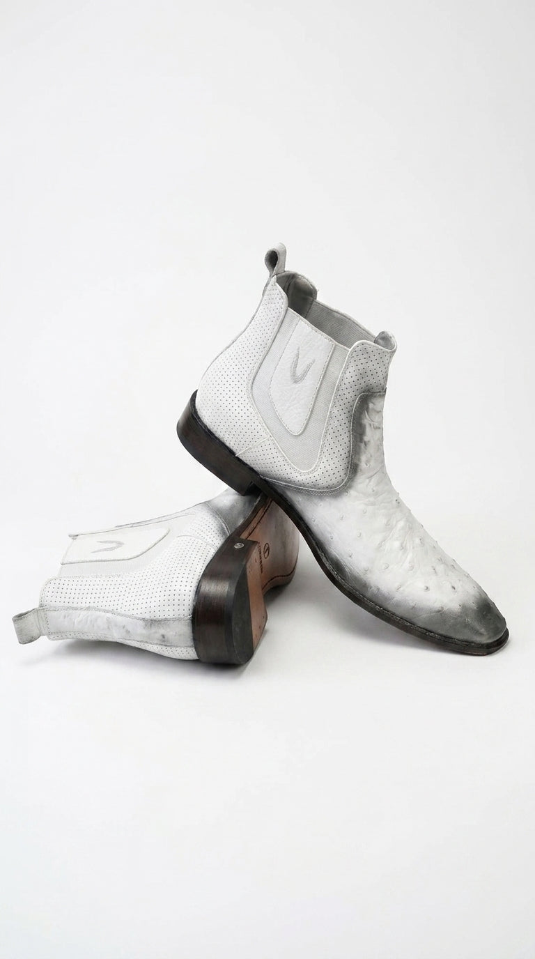 Men’s Faded White Ostrich Chelsea Boots, Exotic Dress Ankle Boots for Formal and Western Style