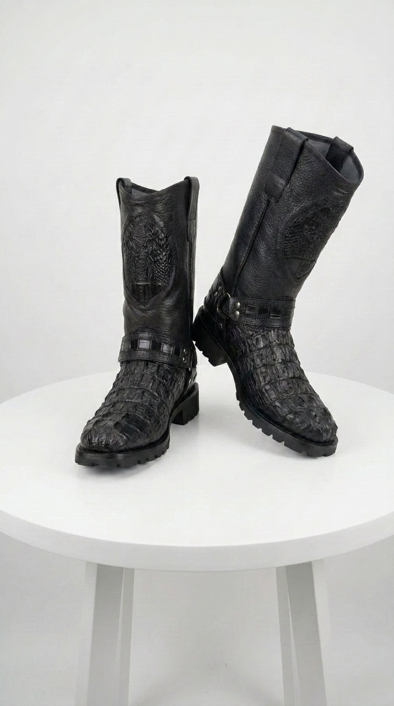 Los Altos Men’s Black Caiman Tail Skin Biker Boots, Exotic Western Motorcycle Boots
