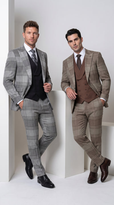 Statement Men’s Grey Plaid 3 Piece Wool Suit, Modern Fit Peak Lapel Suit with Double Breasted Vest