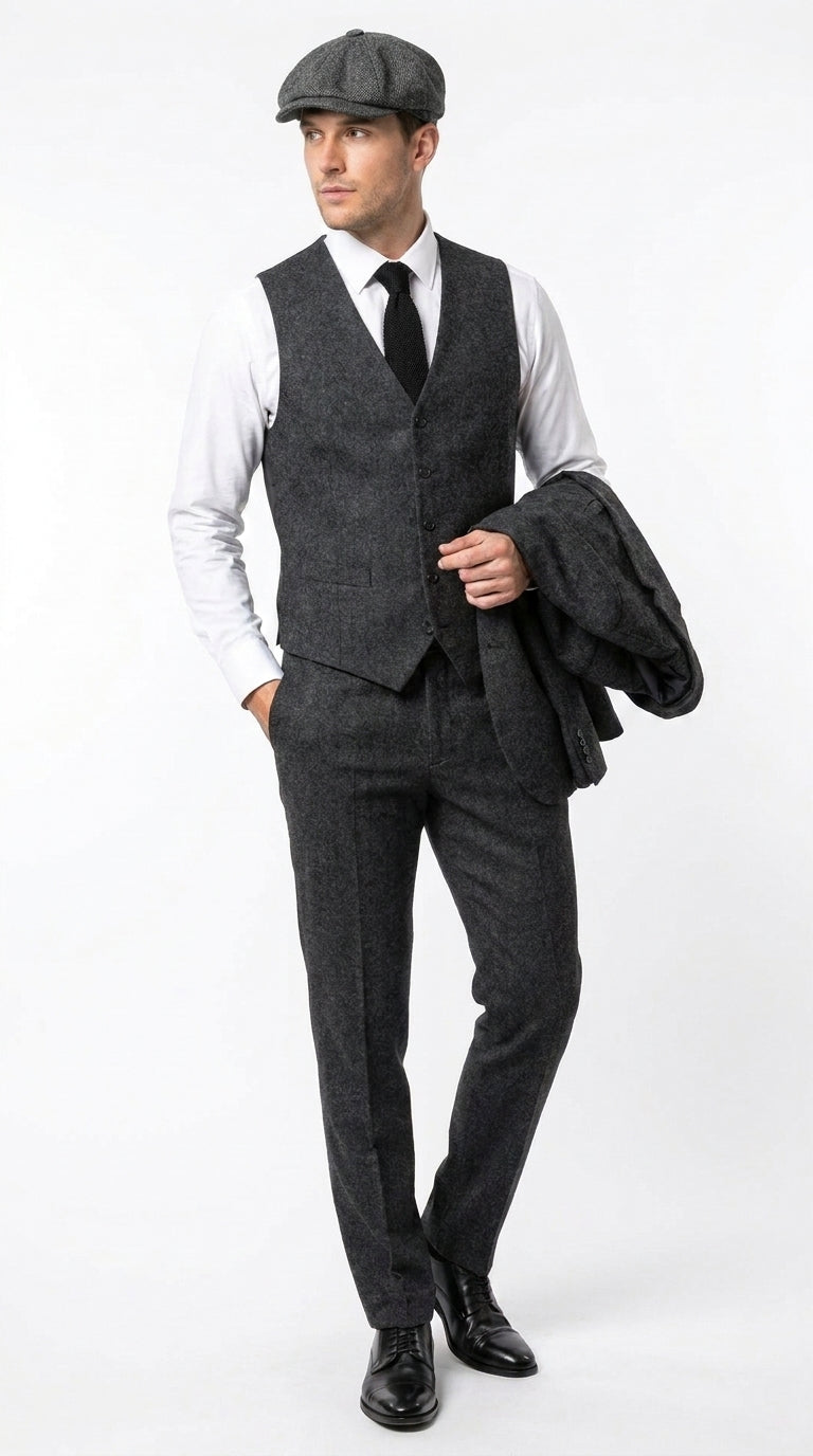 Men’s Heritage Charcoal Tweed 3 Piece Suit, Peaky Blinders Inspired Classic Formal Dress Suit