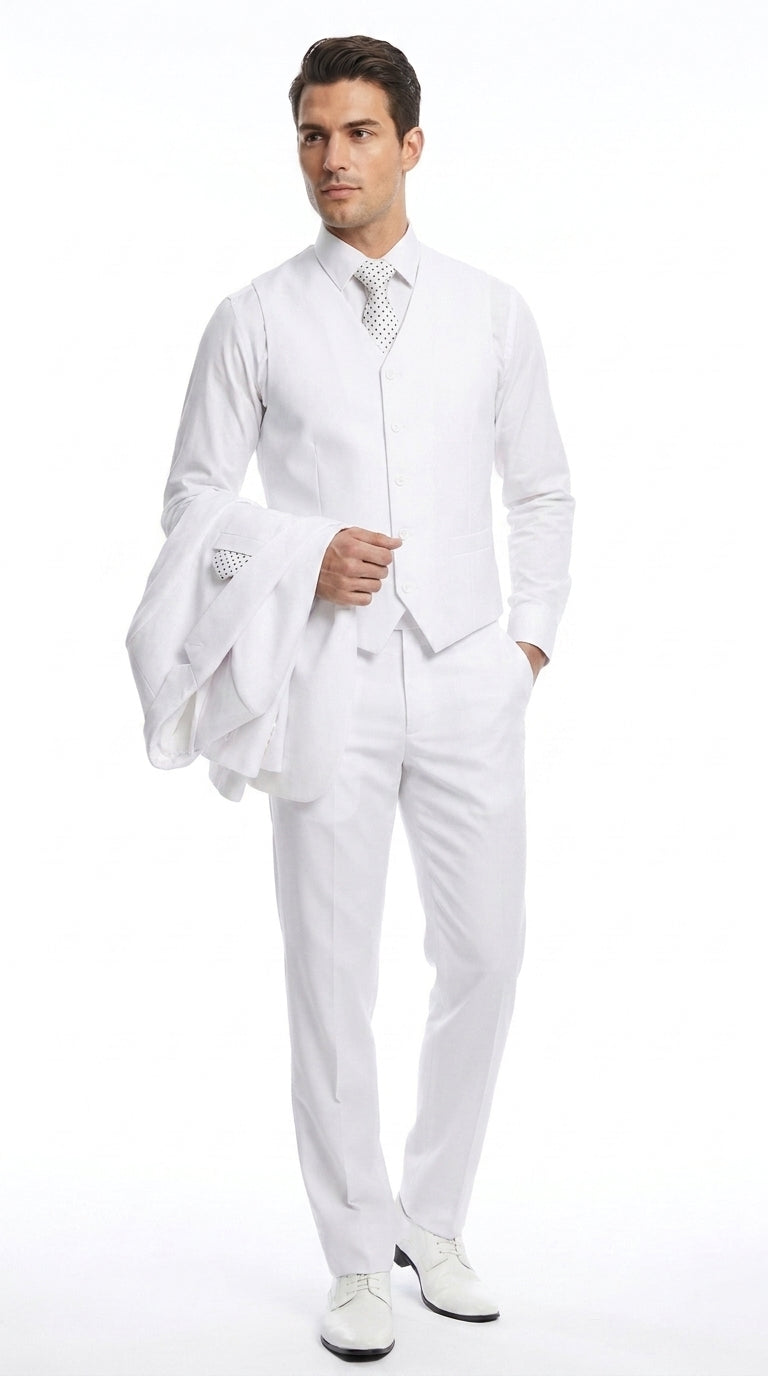 Men’s White 2 Button Wedding Suit, Modern Vested Formal Groom Prom Dress Suit