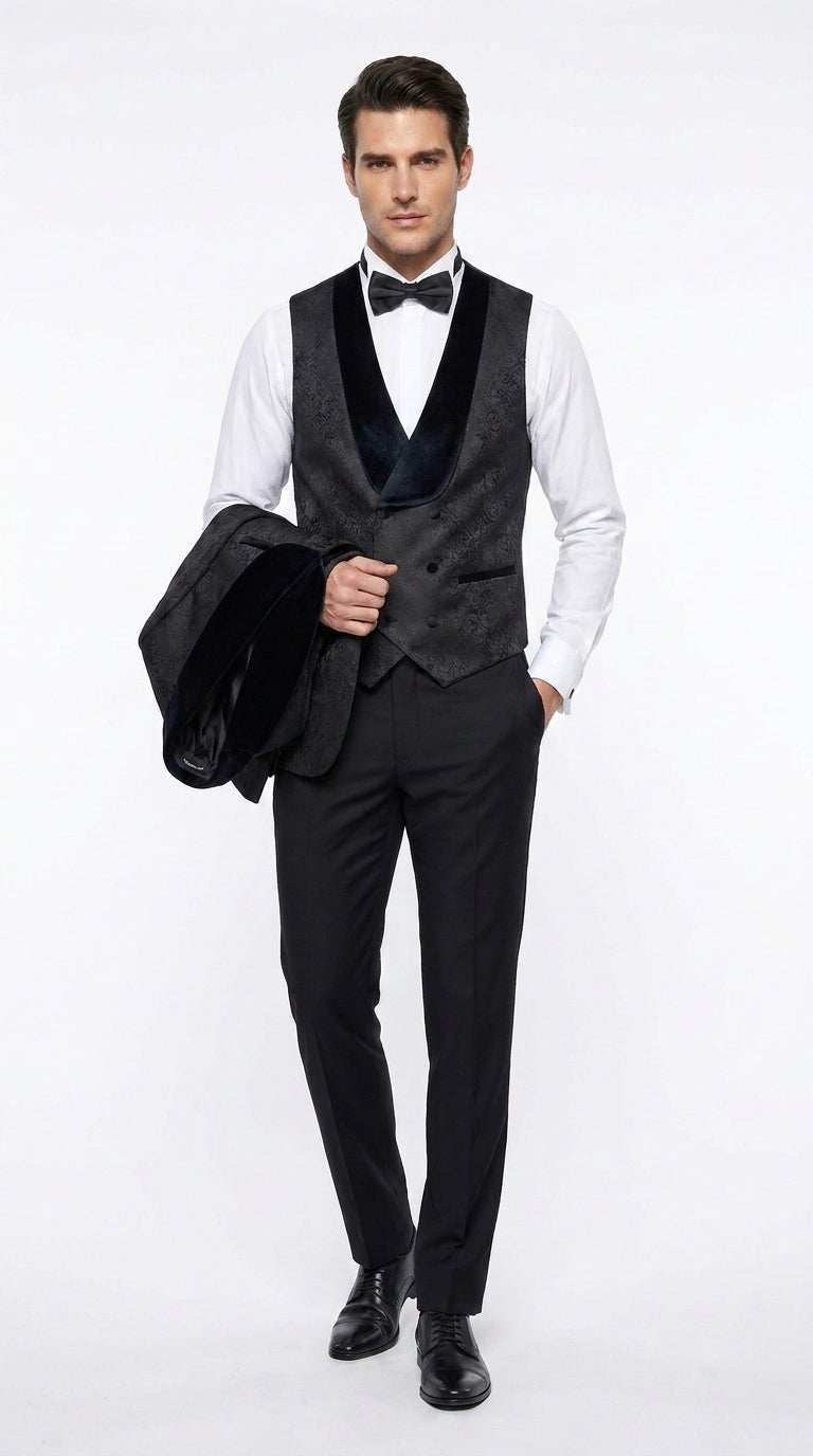 Men’s Black Designer 3-Piece Wedding Tuxedo – Wide Velvet Shawl Lapel Vested Formal Suit