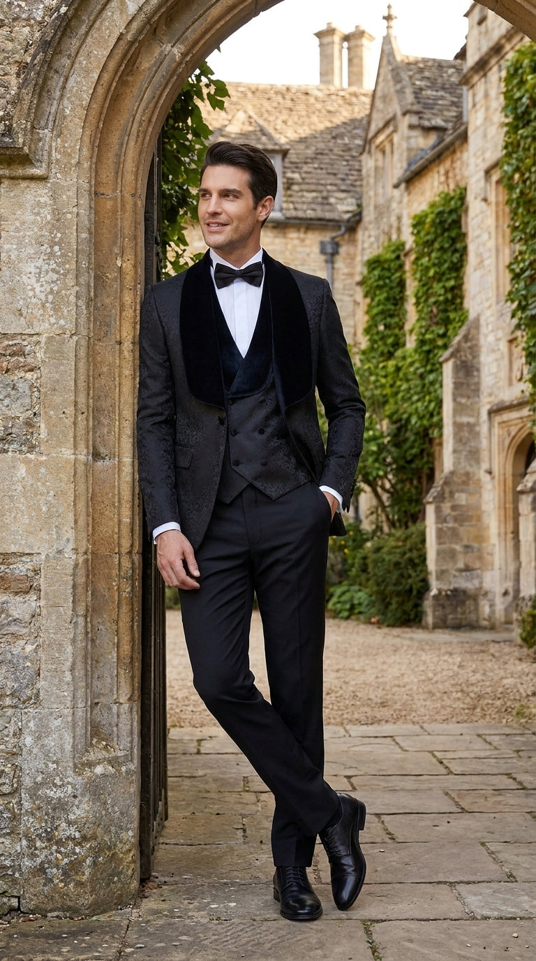 Men’s Black Designer 3-Piece Wedding Tuxedo – Wide Velvet Shawl Lapel Vested Formal Suit